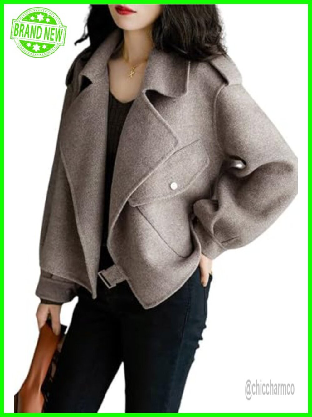 Women's Cropped Wool Pea Coat Notched Lapel Open Front